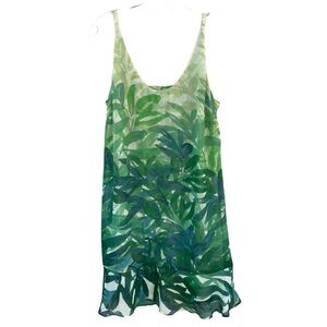 Cabi 5235 Castaway Green Tropical Leaves Beach Vacay Ruffle Tunic Slip Dress M